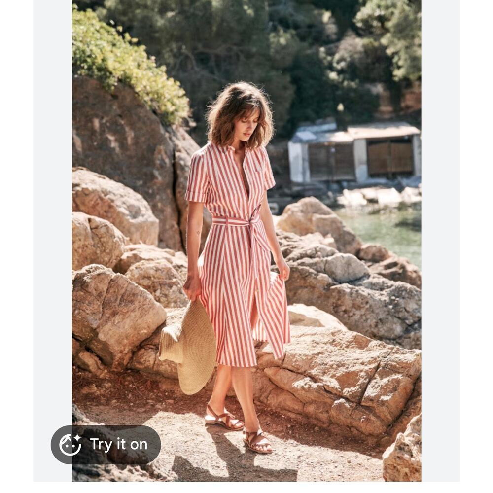 Sezane Alexandrie Dress Red White Stripe Tie Waist Shirt Dress EU 36 US 4